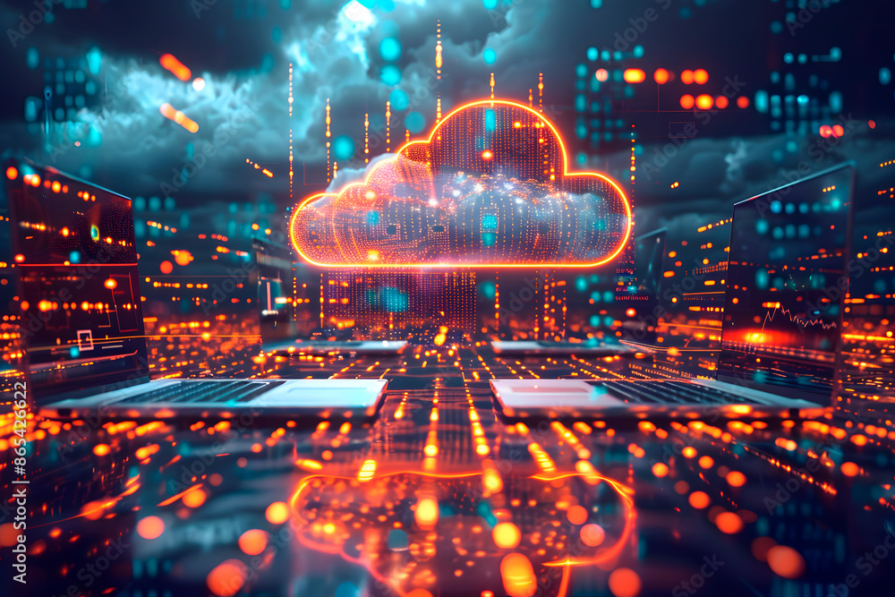 A cloud with glowing data and icons floating above laptops, surrounded digital graphics of computers , representing the concept of virtualized technology and cloud computer. Generative Ai. A cloud with glowing data and icons floating above laptops, surrounded digital graphics of computers , representing the concept of virtualized technology and cloud computer. Generative Ai.