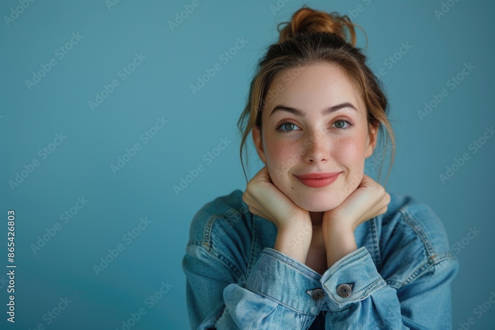 A happy young woman in a denim shirt posing on a blue background. A happy young woman in a denim shirt posing on a blue background.