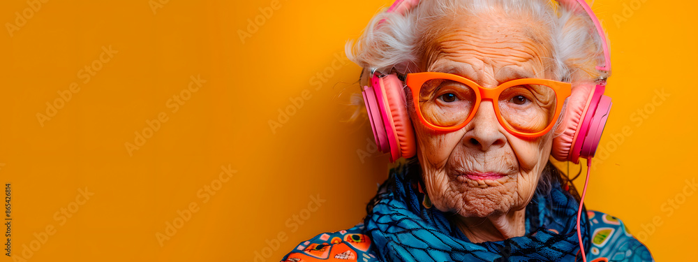 Portrait of an elderly, old woman with pink headphones and orange glasses looking at camera, on yellow background. Studio Shot. Image with copy space. Copy-space. Generative Ai. Portrait of an elderly, old woman with pink headphones and orange glasses looking at camera, on yellow background. Studio Shot. Image with copy space. Copy-space. Generative Ai.
