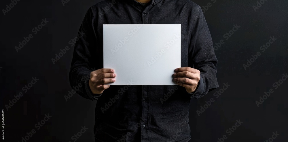 A man holding an empty white mockup on black background. A man holding an empty white mockup on black background.