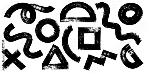 Collection of black charcoal graffiti various geometric shapes. Bold marker brush drawn curved doodle elements for templates and collages. Punk and grunge style