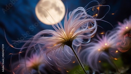 beautiful dandelion flower view in the night with moon background photo