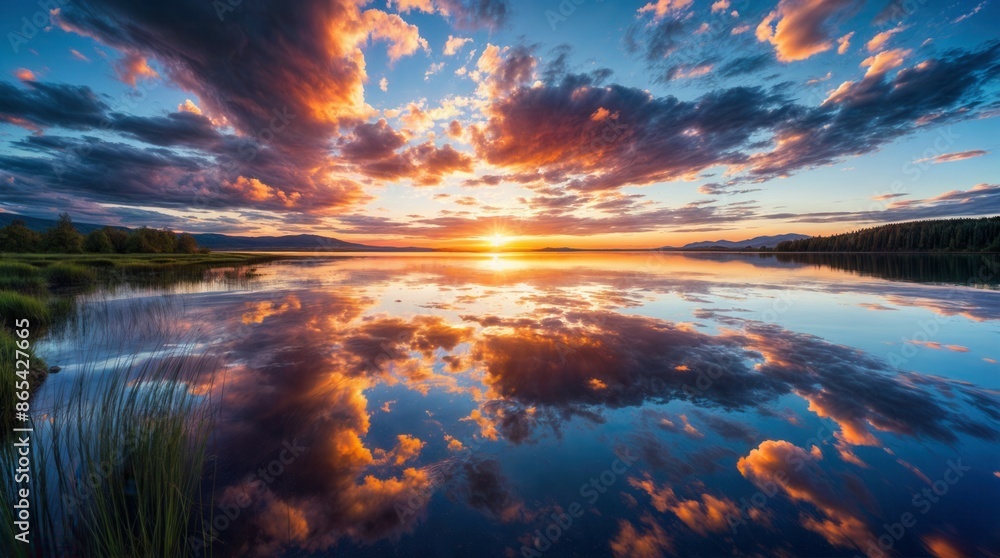 Scenic view of beautiful sunset or sunrise above the pond or lake at spring or early summer evening with cloudy sky background and reed grass at foreground. Landscape. Scenic view of beautiful sunset or sunrise above the pond or lake at spring or early summer evening with cloudy sky background and reed grass at foreground. Landscape.