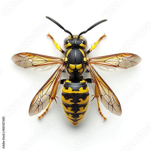 Common wasp, Vespula vulgaris, European wasp isolated on white background, aerial view photo