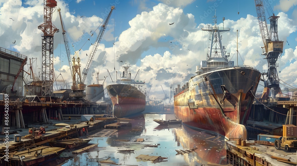 A large ship is docked at a pier with a crane in the background. The ship is being repaired and the pier is bustling with activity A large ship is docked at a pier with a crane in the background. The ship is being repaired and the pier is bustling with activity