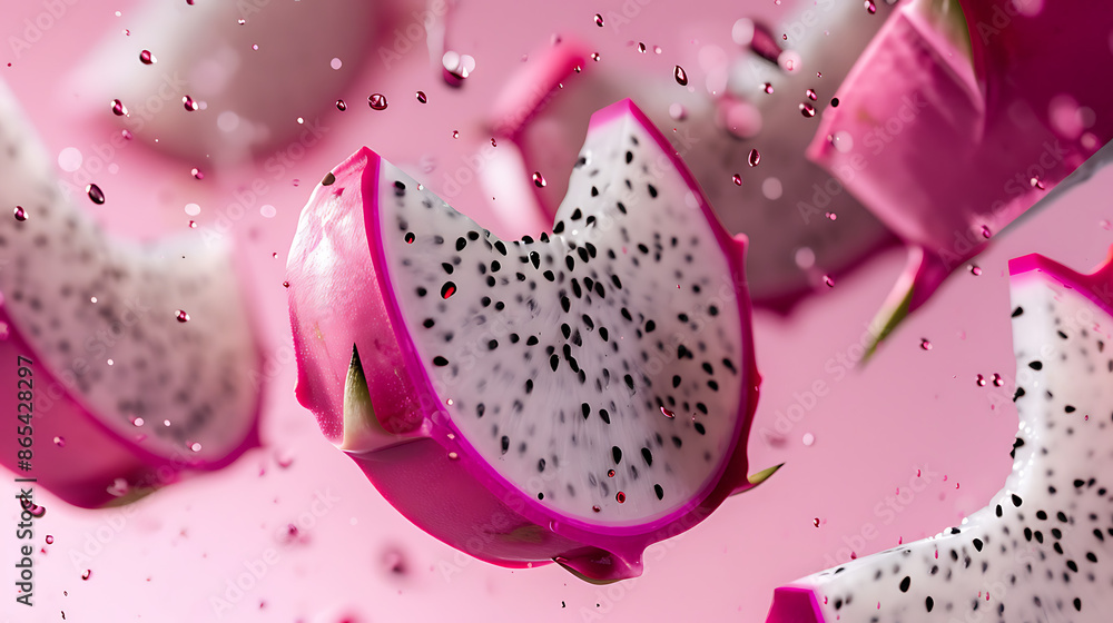 Several Dragon Fruit Slices, Suspended in the Air - Against a Solid pink Background, Colliding with each other. Food Art. Several Dragon Fruit Slices, Suspended in the Air - Against a Solid pink Background, Colliding with each other. Food Art.
