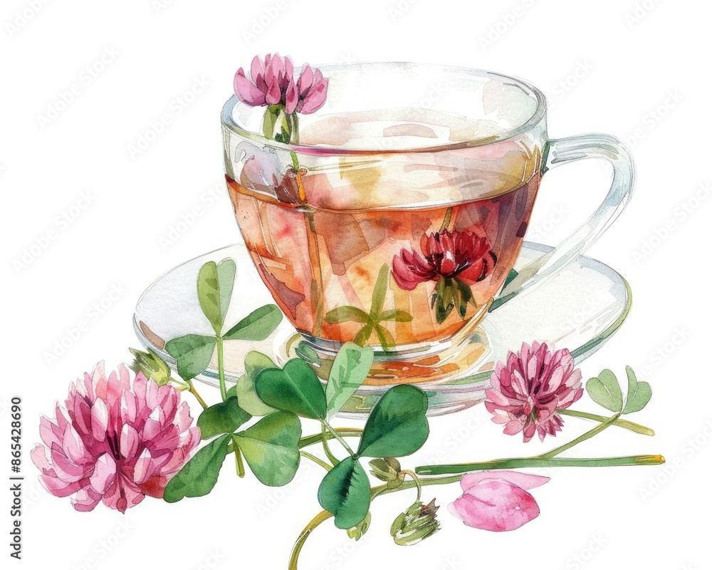 Botanical Herbal Tea Infusion with Fresh Clover Blossoms. Hand-Painted Watercolor Illustration on White Background Botanical Herbal Tea Infusion with Fresh Clover Blossoms. Hand-Painted Watercolor Illustration on White Background