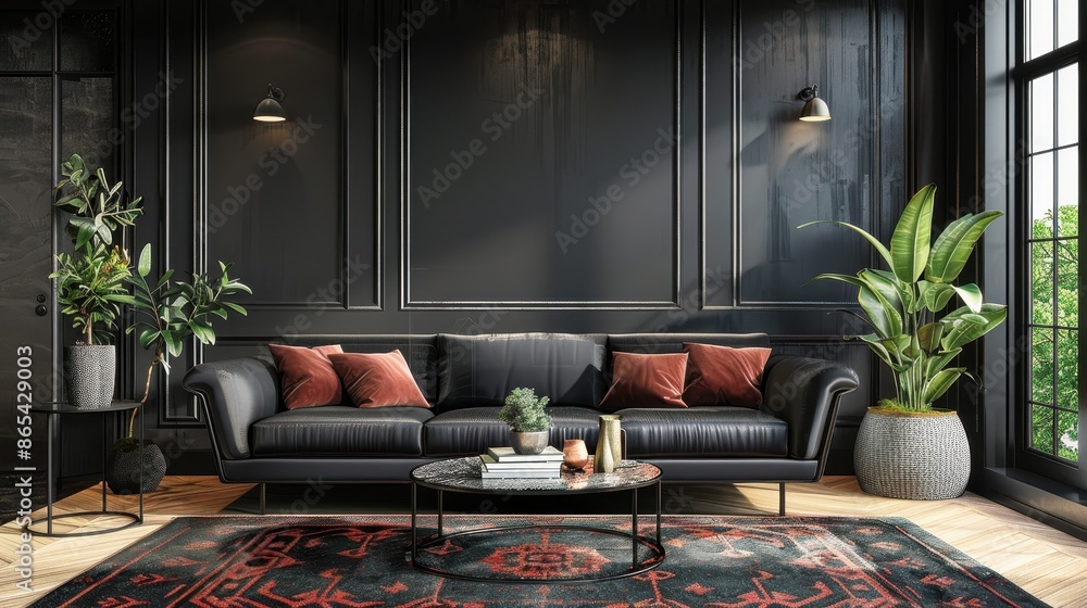 Fototapeta premium Modern dark home interior with a black leather sofa