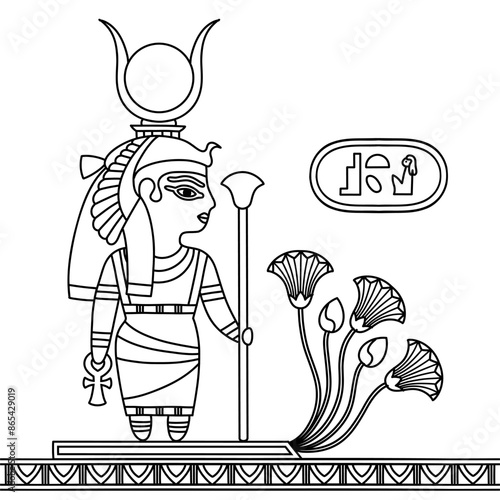 Isis a major goddess of fertility and motherhood in ancient Egyptian religion. Coloring page for kids. Learning history, culture, mythology with fun. Black and white vector illustration.