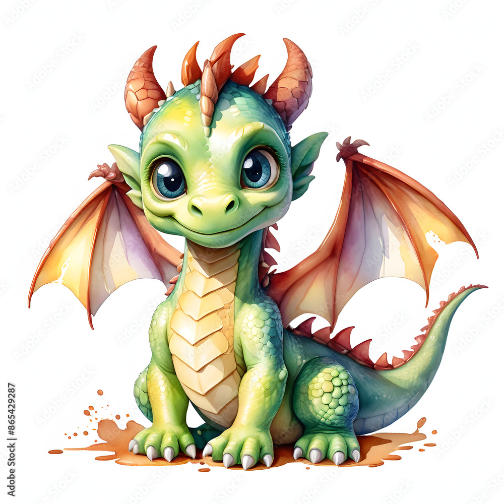 Watercolor clip of a cute little dragon on a white isolated background. Watercolor clip of a cute little dragon on a white isolated background.