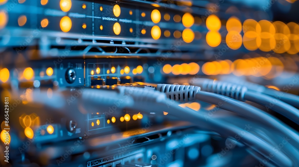 A computer network with many cables and wires. The cables are orange and yellow. Concept of complexity and organization A computer network with many cables and wires. The cables are orange and yellow. Concept of complexity and organization