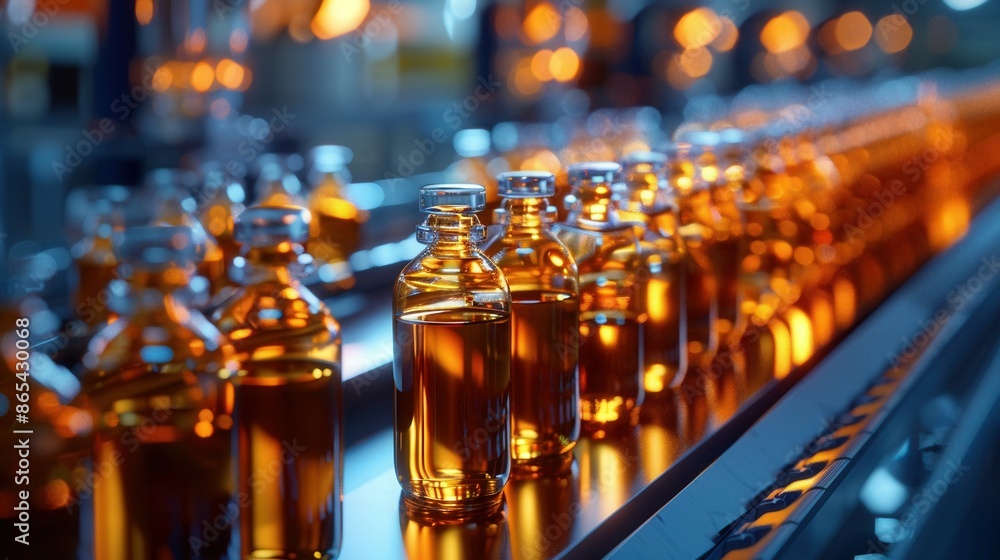 Brown glass bottles on the conveyor belt Brown glass bottles on the conveyor belt