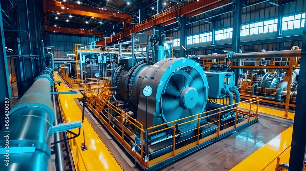 A large industrial building with many pipes and tanks. The image has a mood of industrialization and technology A large industrial building with many pipes and tanks. The image has a mood of industrialization and technology