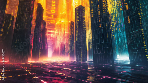 A futuristic city skyline with glowing neon lights and digital code. The buildings are tall and slender, and the streets are empty. The atmosphere is both vibrant and mysterious. photo