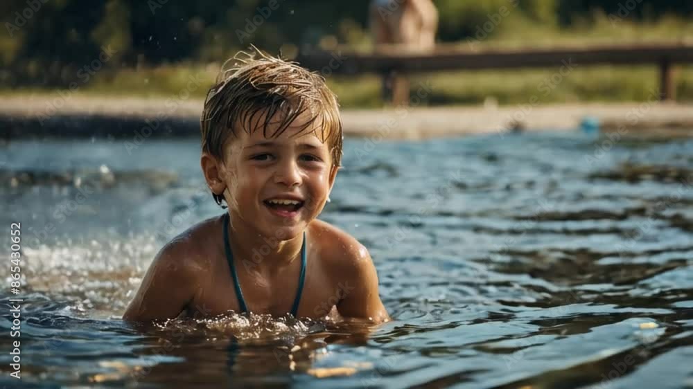 Young boy Playing in the blue water of sea Summertime Young boy Playing in the blue water of sea Summertime