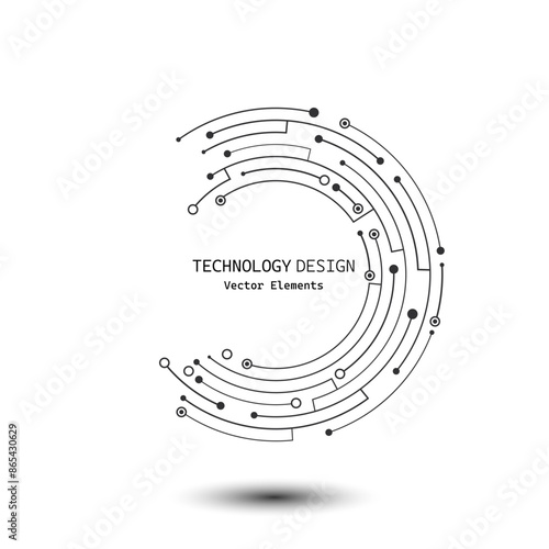 Abstract crescent-shaped circuit board isolated on white background. Lines and dots connect. Vector electronic motherboard illustration. Digital technology element.