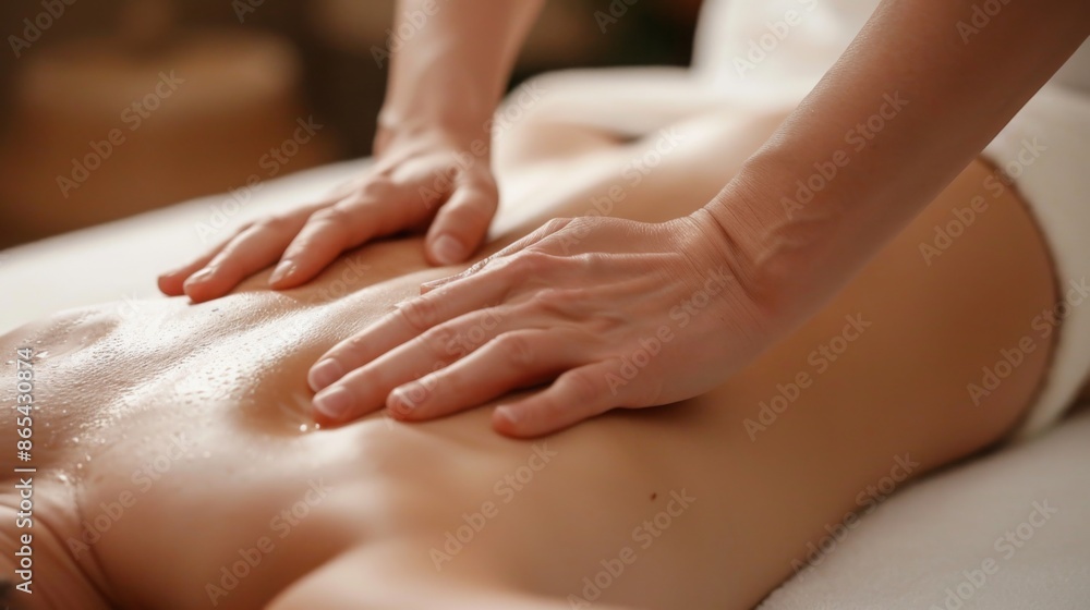 A close-up view of a massage therapists hands gently massaging a clients chest during a spa treatment. The client is lying face down on a massage table, and their skin is glistening with oil. A close-up view of a massage therapists hands gently massaging a clients chest during a spa treatment. The client is lying face down on a massage table, and their skin is glistening with oil.