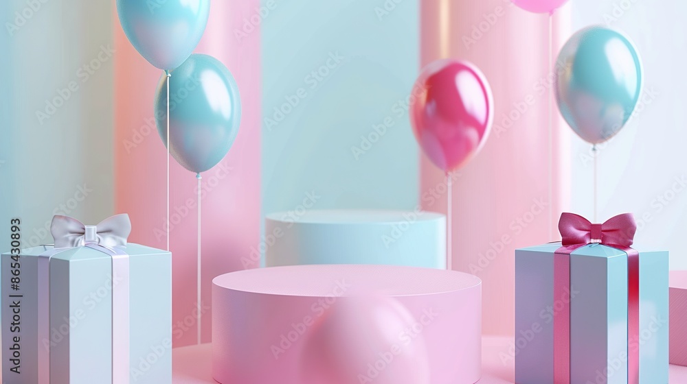 Pink and blue pastel color scheme with gift boxes and balloons on stands. Pink and blue pastel color scheme with gift boxes and balloons on stands.