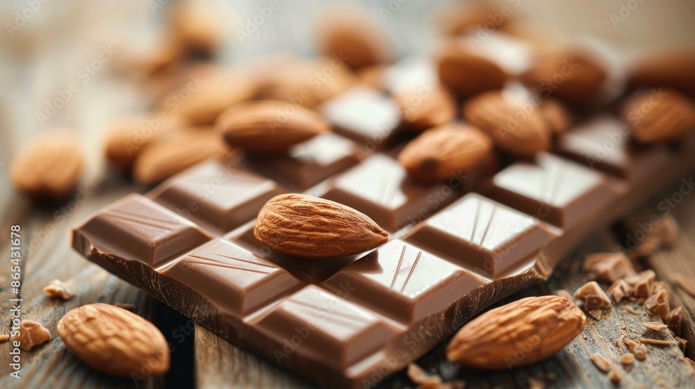 Close up image of raw almonds in shells placed on a milk chocolate bar on a wooden surface Close up image of raw almonds in shells placed on a milk chocolate bar on a wooden surface