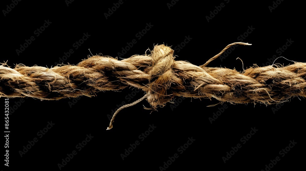 A very strong brown rope breaks and frays, leaving a single strand unbroken on a black background A very strong brown rope breaks and frays, leaving a single strand unbroken on a black background