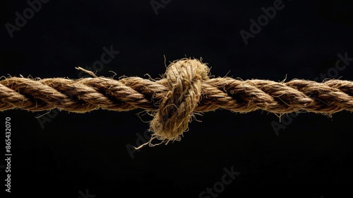 A very strong brown rope breaks and frays, leaving a single strand unbroken on a black background