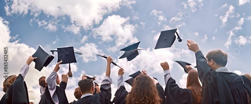 Students, graduation and caps in sky with happiness, university achievement or ceremony or excited people. Academic, goals and college degree completion, education success and excellence celebration