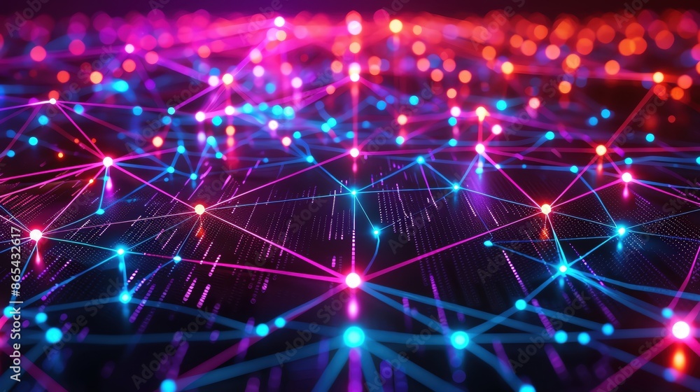 Digital network interface with bright neon connections, dark backdrop, intricate geometric shapes, hightech, vibrant colors Digital network interface with bright neon connections, dark backdrop, intricate geometric shapes, hightech, vibrant colors