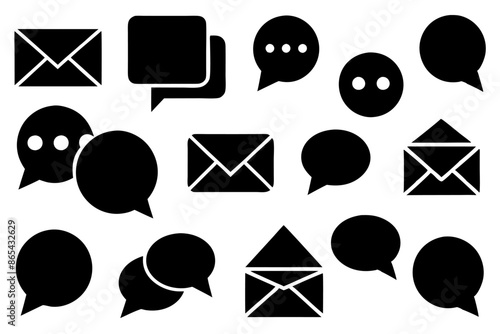 There are speech bubbles and envelopes placed on a white background