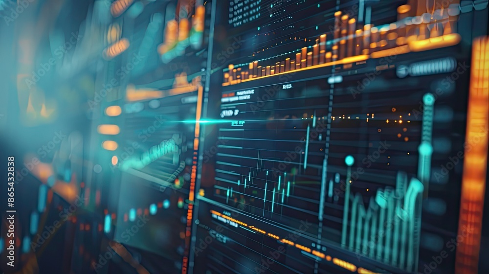 Digital analytics data visualization, financial schedule, monitor screen in perspective. Digital analytics data visualization, financial schedule, monitor screen in perspective.
