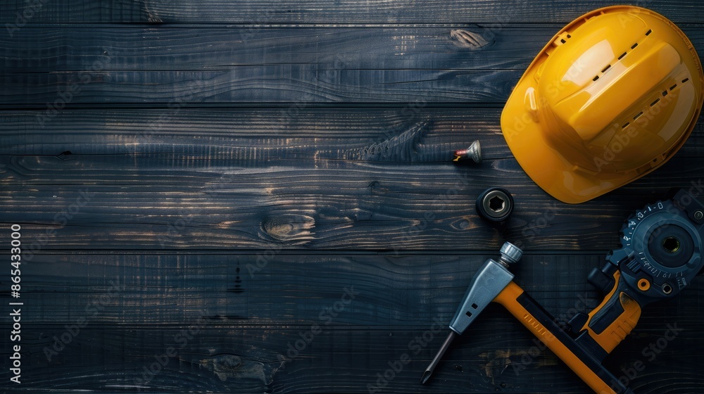 Drill, hat, hammer and construction tools on black wooden background There is space to enter text. Drill, hat, hammer and construction tools on black wooden background There is space to enter text.