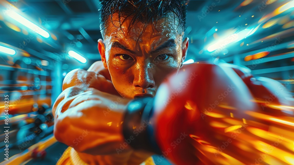 Fighter landing a perfect punch, intense expression, bright gym, motion blur, high detail, dynamic composition Fighter landing a perfect punch, intense expression, bright gym, motion blur, high detail, dynamic composition