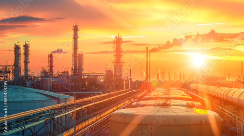 Industrial refinery at sunset with dramatic golden sky