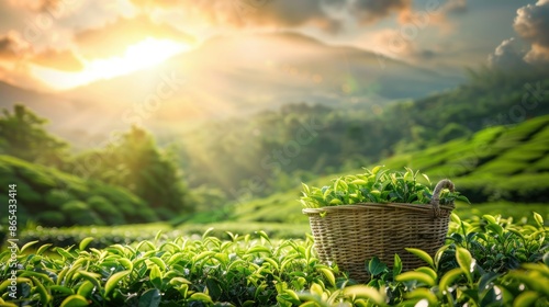 Green tea plantation with bamboo baskets outstanding in the morning.