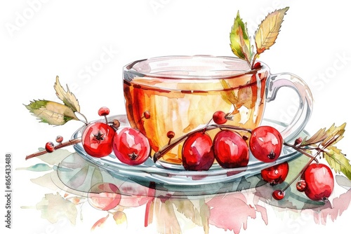 Hand-Drawn Watercolor Illustration of Fresh Rosehip Tea with Red Briar Fruits and Herbal Essence