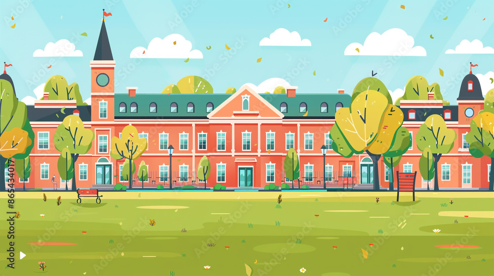 Illustration of a school building with a colonial style that has a symmetrical facade design with the main entrance in the middle of the building. 2d flat illustration style. Illustration of a school building with a colonial style that has a symmetrical facade design with the main entrance in the middle of the building. 2d flat illustration style.