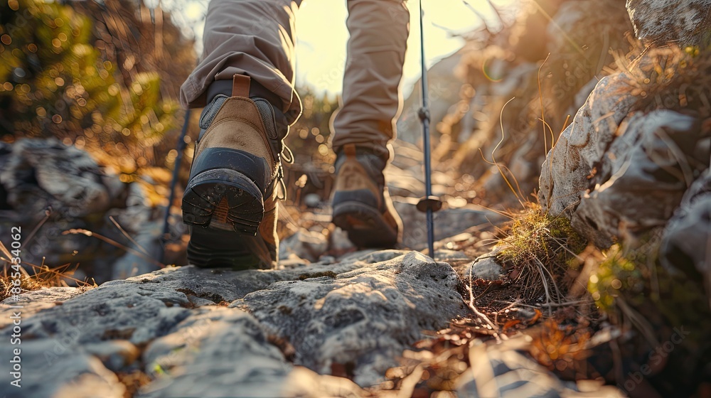 Hiker man with trekking sticks climbs steep on mountain trail, focus on boot. Hiker man with trekking sticks climbs steep on mountain trail, focus on boot.