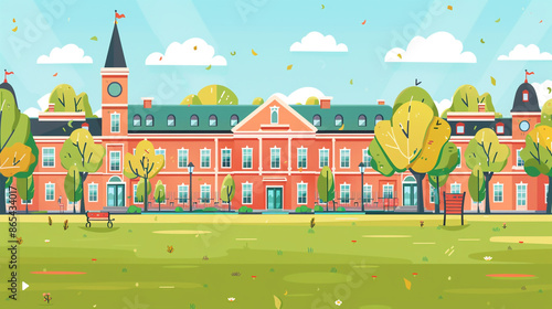 Illustration of a school building with a colonial style that has a symmetrical facade design with the main entrance in the middle of the building. 2d flat illustration style. © Aisyaqilumar