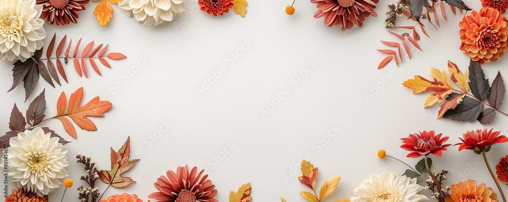 Fall flower frame, blank center, mums and fall foliage, vibrant and warm Fall flower frame, blank center, mums and fall foliage, vibrant and warm