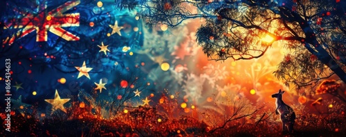 Australian flag and kangaroo composition close up, focus on, copy space vibrant colors, double exposure silhouette with biodiversity
