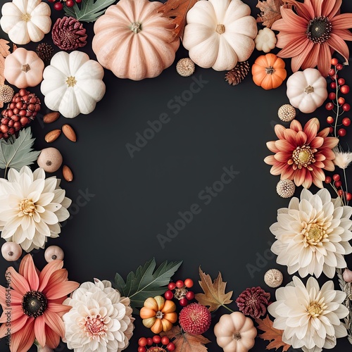 Fall flower frame, blank center, dahlias and harvest elements, warm and rustic