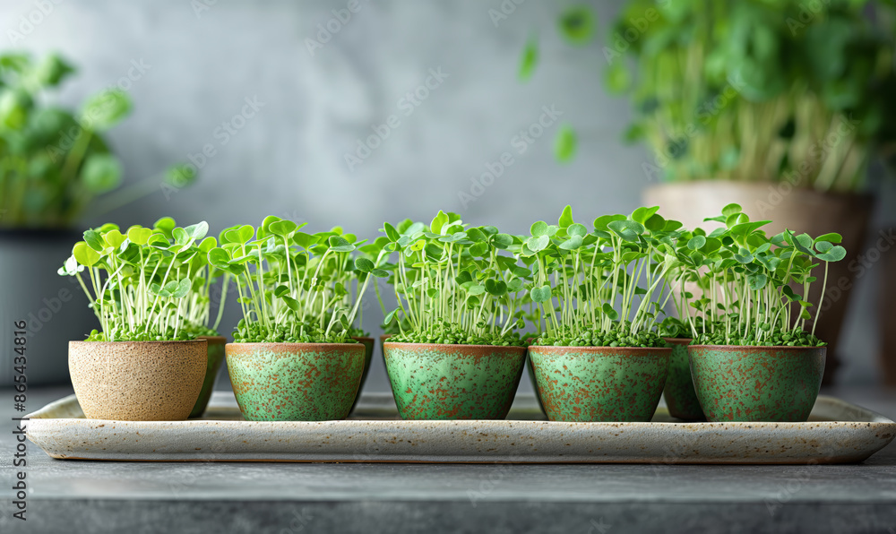 Row of Potted Plants on Wooden Tray Row of Potted Plants on Wooden Tray