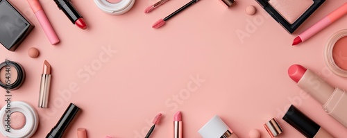 Beauty items border, blank center, bright background, lipsticks, eyeliners, blushes