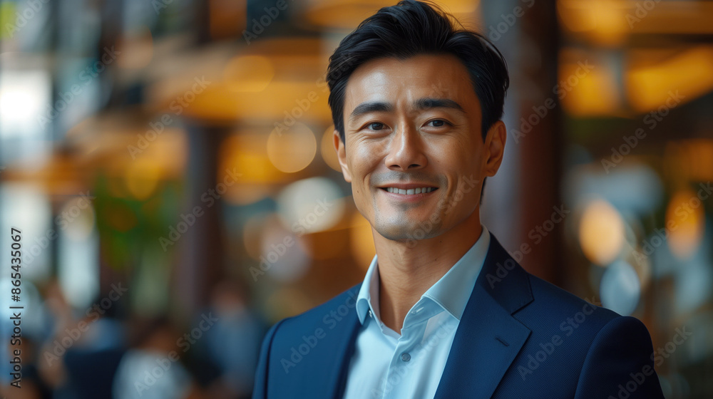 Fototapeta premium Happy Asian businessman executive standing in modern big city. Smiling mature confident professional manager, confident, generative ai