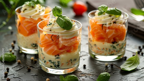Fototapeta Naklejka Na Ścianę i Meble -  French cuisine. Verrines with salmon, cheese cream and cream. 
