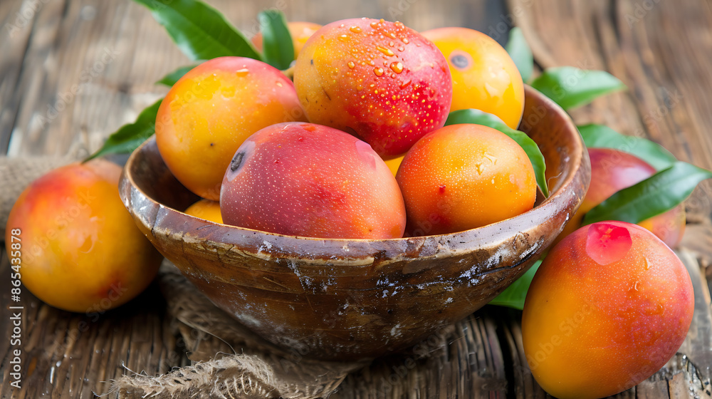 bowl of mango sits beside whole mangoes and green leaves. The bright yellow mango cubes contrast with the red and green of the whole fruits bowl of mango sits beside whole mangoes and green leaves. The bright yellow mango cubes contrast with the red and green of the whole fruits