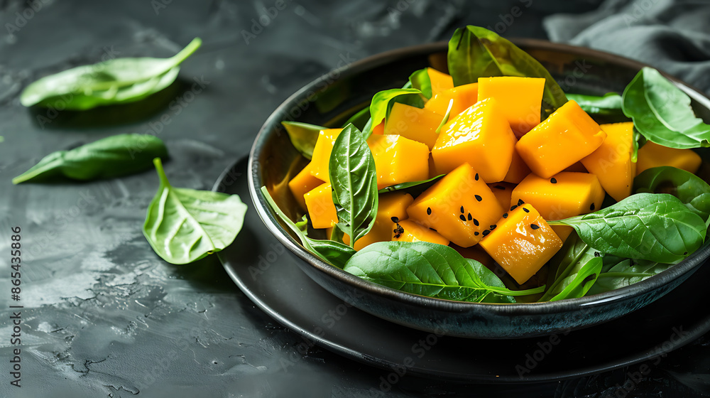 diced mango sits beside whole mangoes and green leaves.The bright yellow mango cubes contrast with the red and green of the whole fruits, creating a fresh and tropical scene. diced mango sits beside whole mangoes and green leaves.The bright yellow mango cubes contrast with the red and green of the whole fruits, creating a fresh and tropical scene.