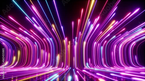 Vibrant neon light trails in a futuristic tunnel create a colorful and dynamic display, 3d rendering