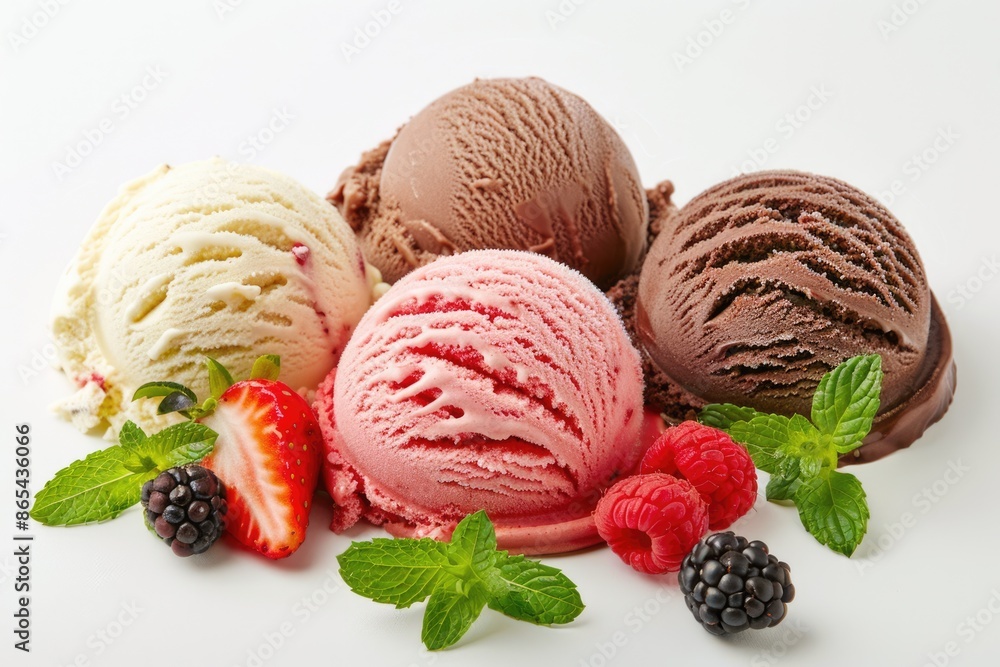 Trio of luscious ice cream scoops: strawberry, vanilla, and chocolate with fresh berries and mint leaves. Watercolor dessert illustration on white backdrop Trio of luscious ice cream scoops: strawberry, vanilla, and chocolate with fresh berries and mint leaves. Watercolor dessert illustration on white backdrop