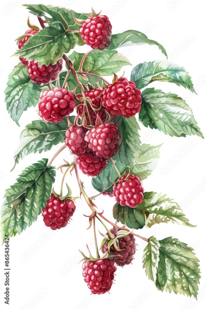 Vibrant Watercolor Illustration of Juicy Raspberries with Fresh Green Leaves Vibrant Watercolor Illustration of Juicy Raspberries with Fresh Green Leaves