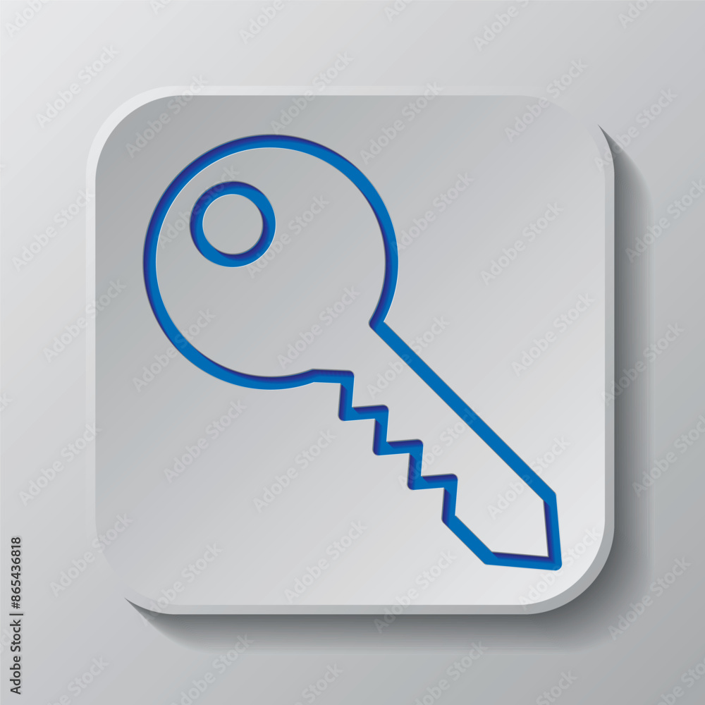 Key simple icon, vector. Flat design. Paper cut design. Cutted blue symbol with shadow. Gray badge button, gray background Key simple icon, vector. Flat design. Paper cut design. Cutted blue symbol with shadow. Gray badge button, gray background